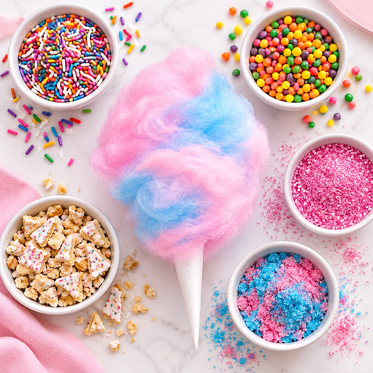 Pink and blue cotton candy surrounded by colorful sprinkles and toppings