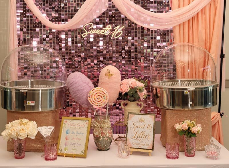 Pink cotton candy setup Sweet 16 party NH Pink cotton candy setup Sweet 16 party NH
